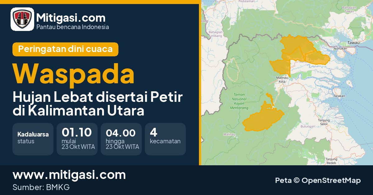 Peringatan dini cuaca BMKG tingkat Waspada di Kalimantan Utara. (Mitigasi.com/data BMKG)