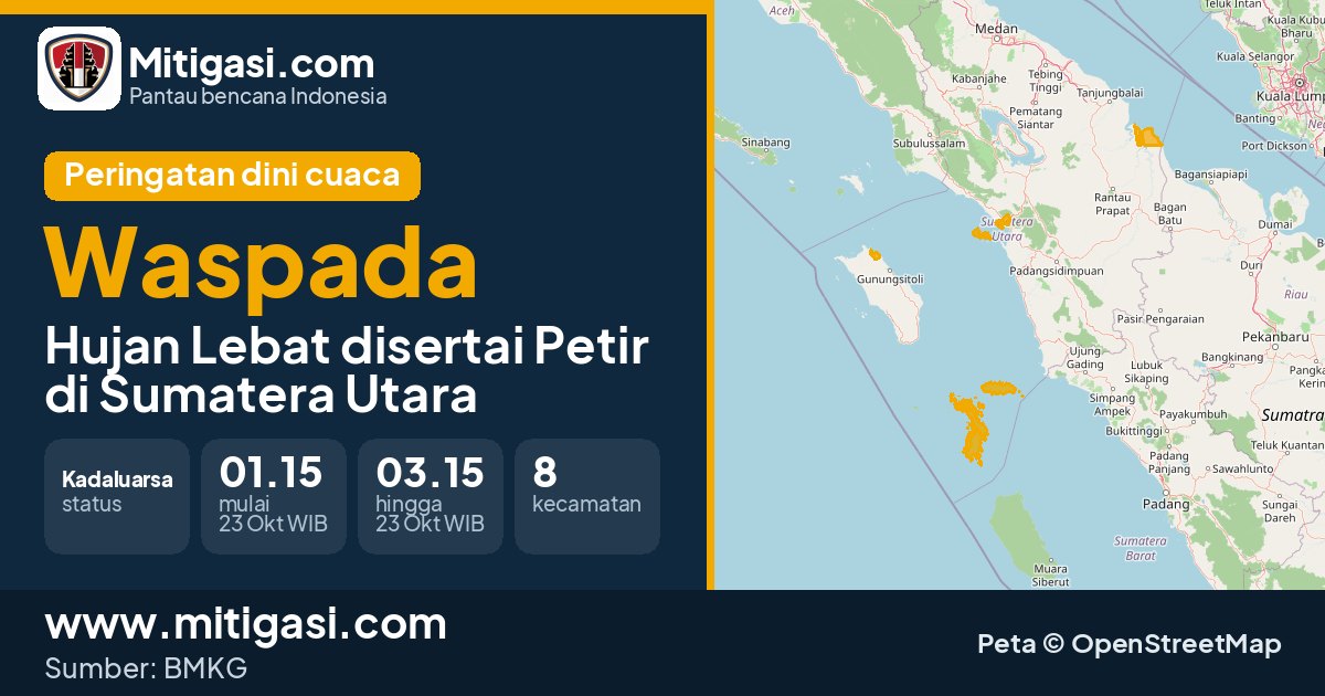 Peringatan dini cuaca BMKG tingkat Waspada di Sumatera Utara. (Mitigasi.com/data BMKG)