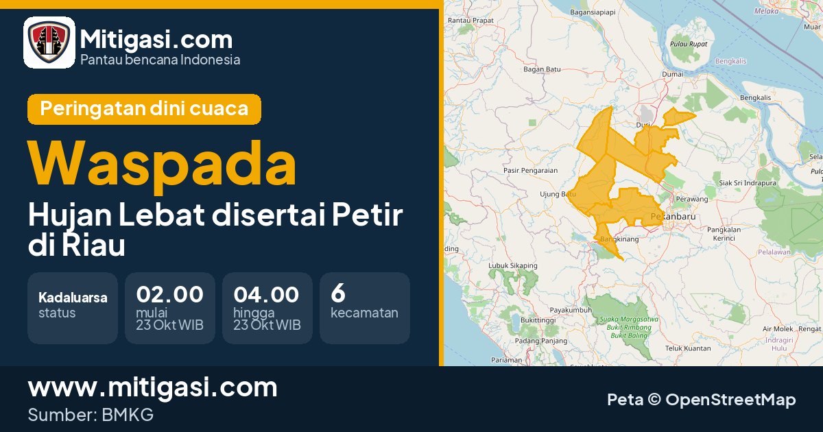 Peringatan dini cuaca BMKG tingkat Waspada di Riau. (Mitigasi.com/data BMKG)