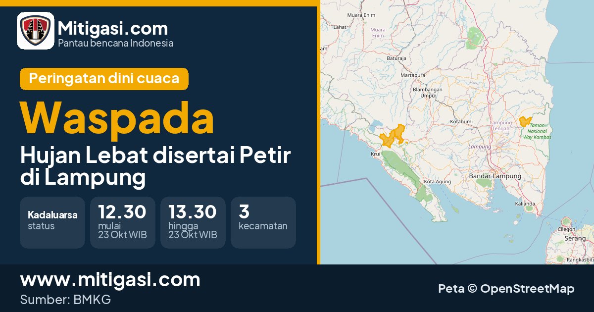 Peringatan dini cuaca BMKG tingkat Waspada di Lampung. (Mitigasi.com/data BMKG)