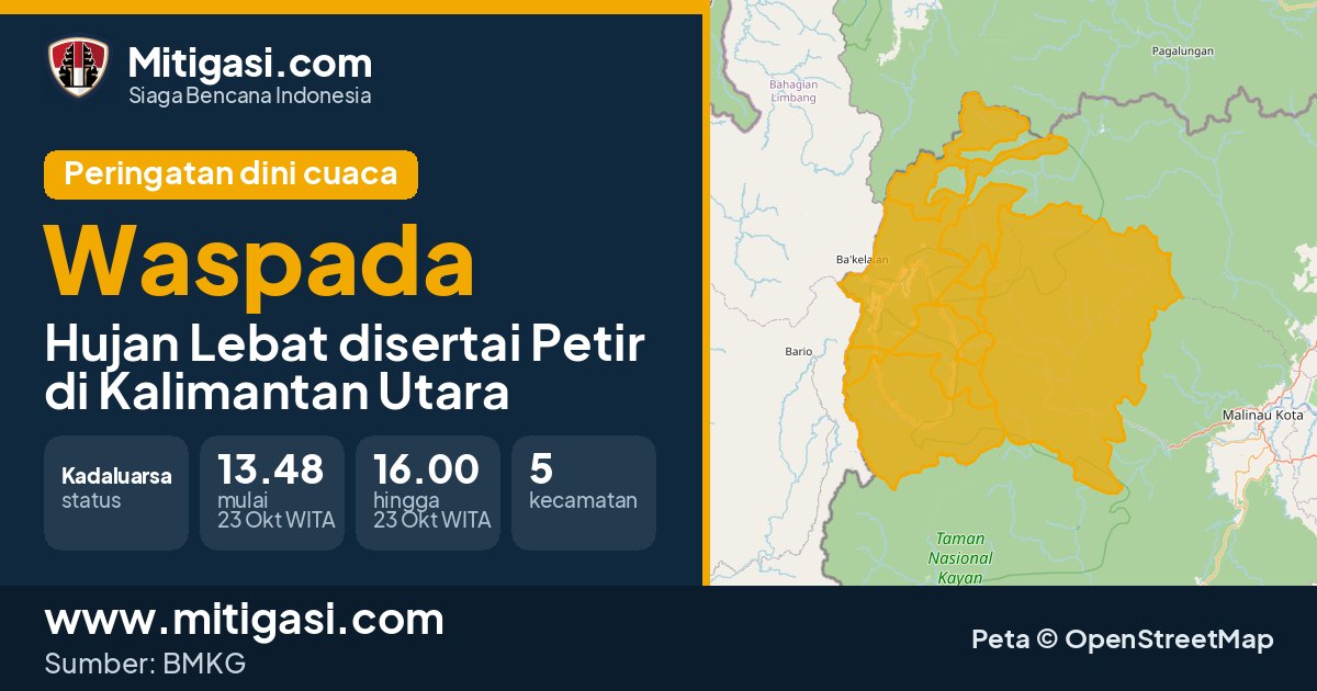Peringatan dini cuaca BMKG tingkat Waspada di Kalimantan Utara. (Mitigasi.com/data BMKG)