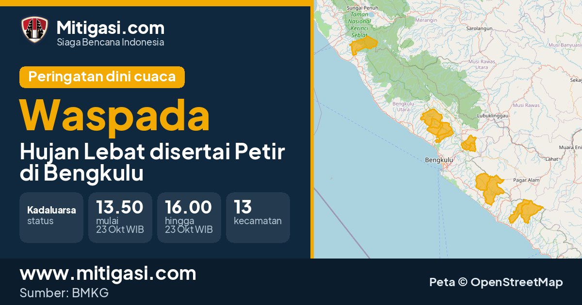 Peringatan dini cuaca BMKG tingkat Waspada di Bengkulu. (Mitigasi.com/data BMKG)