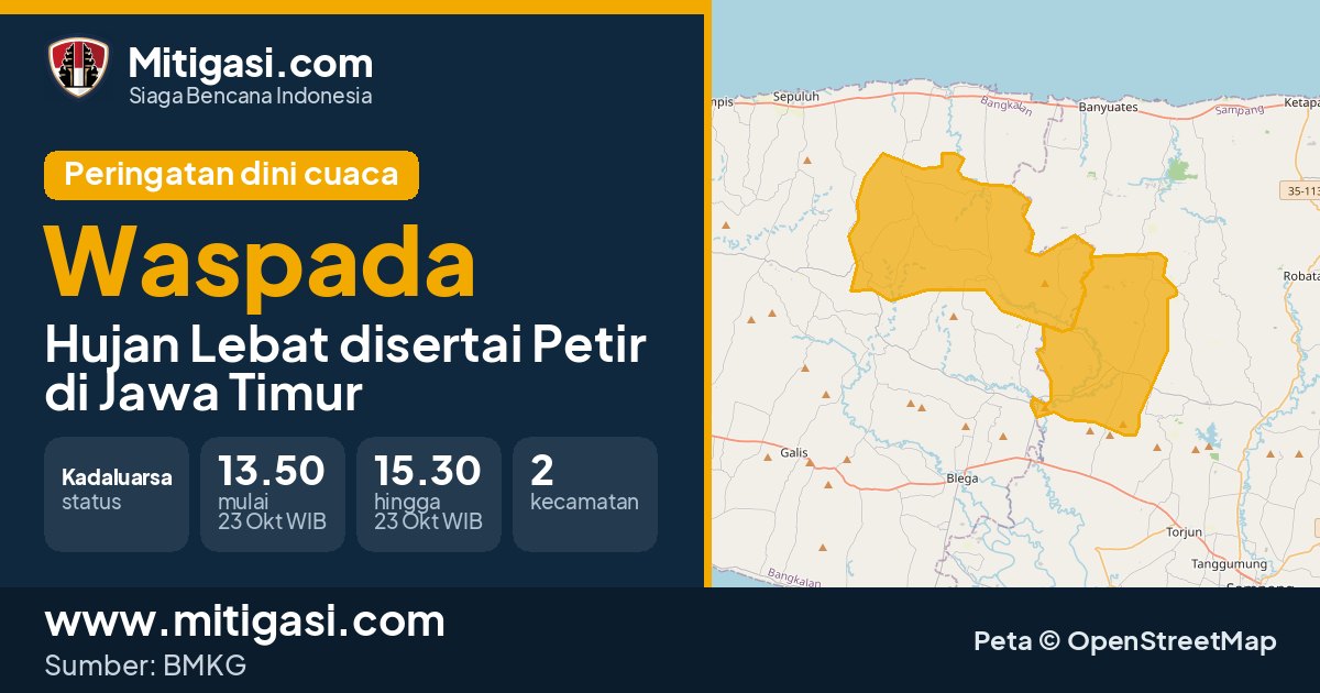 Peringatan dini cuaca BMKG tingkat Waspada di Jawa Timur. (Mitigasi.com/data BMKG)