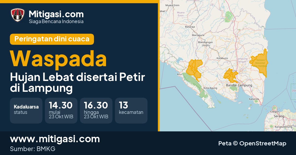 Peringatan dini cuaca BMKG tingkat Waspada di Lampung. (Mitigasi.com/data BMKG)
