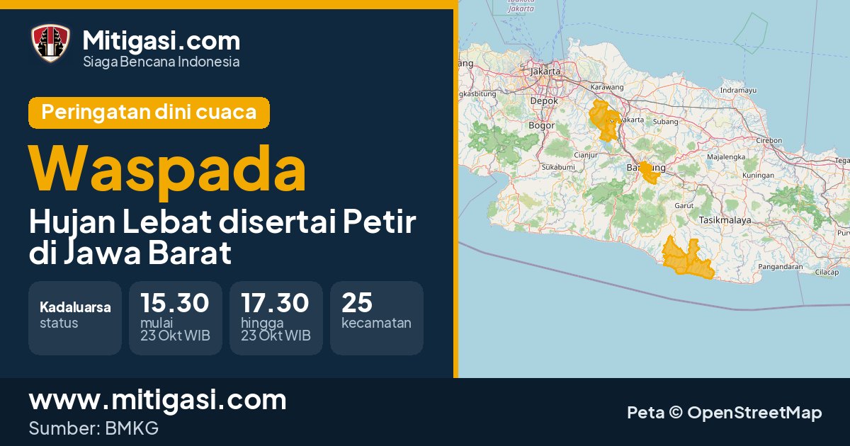 Peringatan dini cuaca BMKG tingkat Waspada di Jawa Barat. (Mitigasi.com/data BMKG)