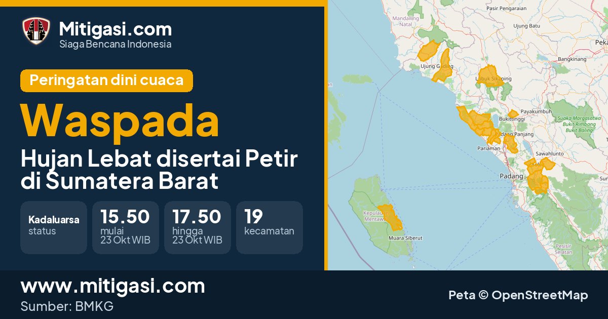 Peringatan dini cuaca BMKG tingkat Waspada di Sumatera Barat. (Mitigasi.com/data BMKG)