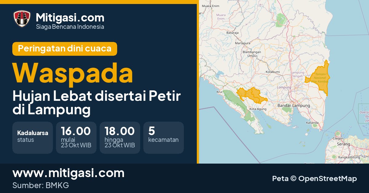 Peringatan dini cuaca BMKG tingkat Waspada di Lampung. (Mitigasi.com/data BMKG)