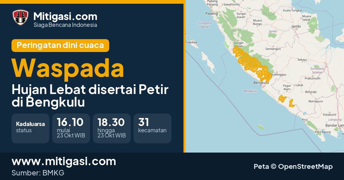 Peringatan dini cuaca BMKG tingkat Waspada di Bengkulu. (Mitigasi.com/data BMKG)