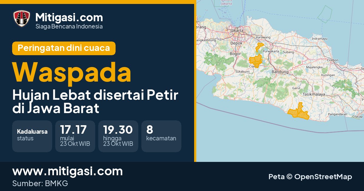 Peringatan dini cuaca BMKG tingkat Waspada di Jawa Barat. (Mitigasi.com/data BMKG)