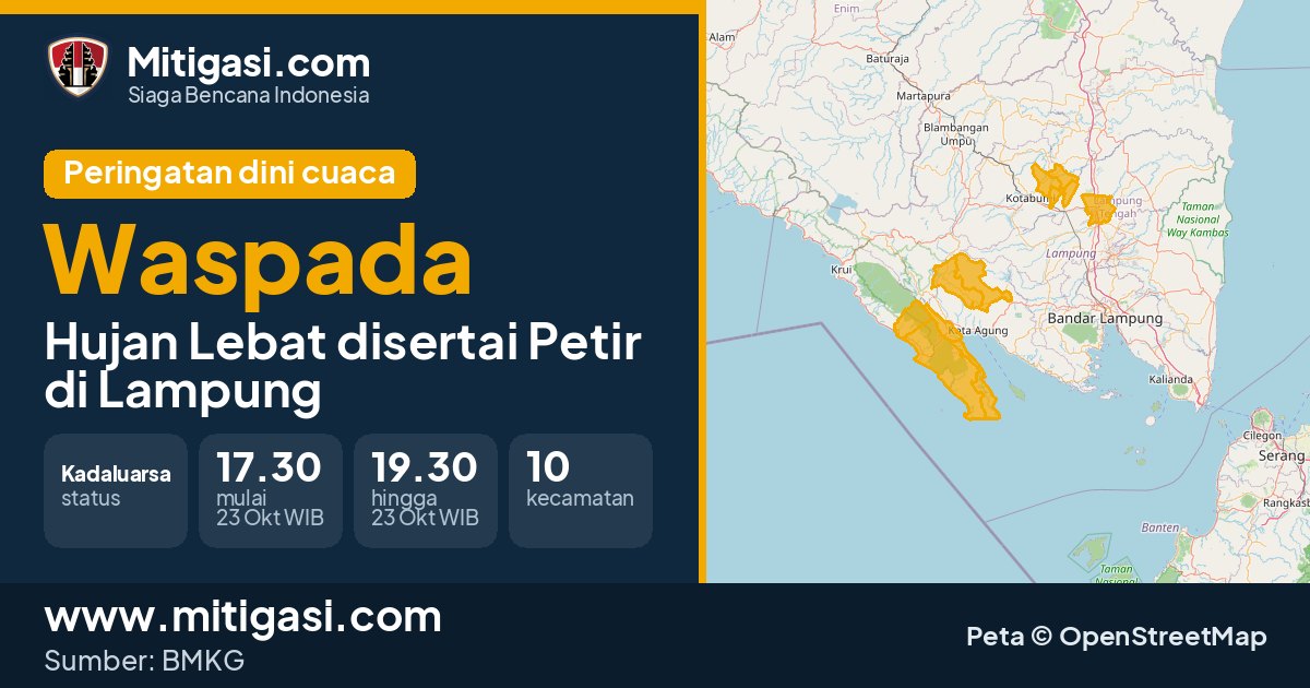 Peringatan dini cuaca BMKG tingkat Waspada di Lampung. (Mitigasi.com/data BMKG)
