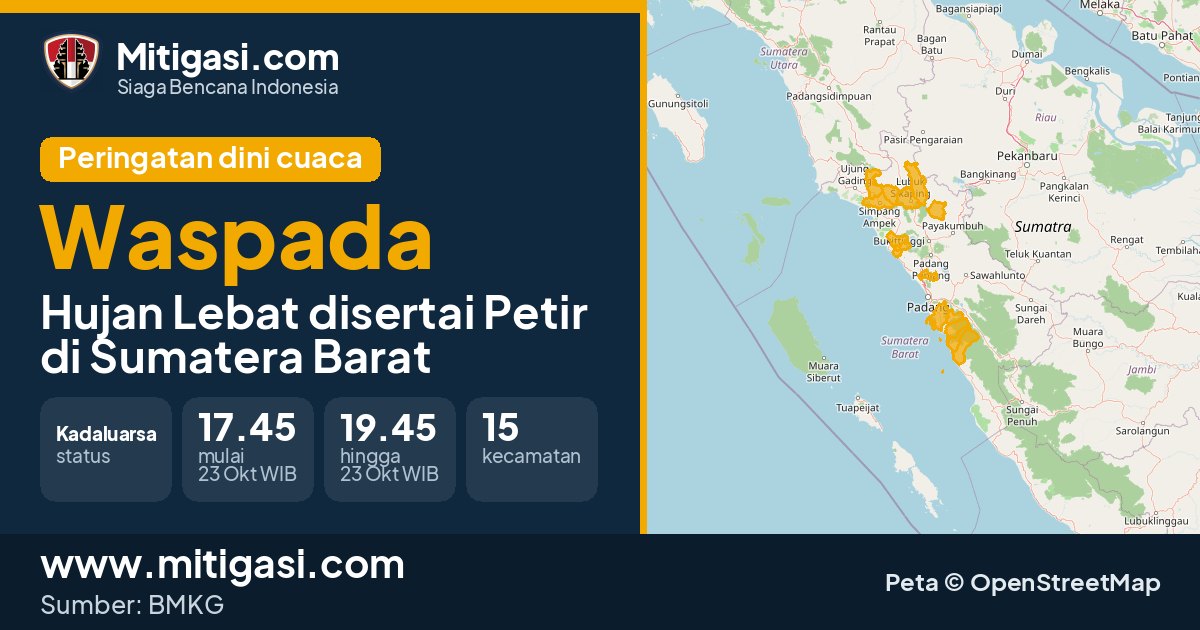 Peringatan dini cuaca BMKG tingkat Waspada di Sumatera Barat. (Mitigasi.com/data BMKG)