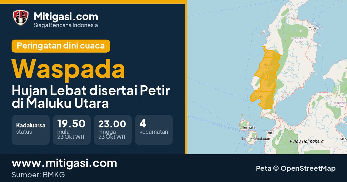 Peringatan dini cuaca BMKG tingkat Waspada di Maluku Utara. (Mitigasi.com/data BMKG)