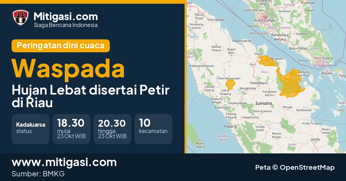 Peringatan dini cuaca BMKG tingkat Waspada di Riau. (Mitigasi.com/data BMKG)