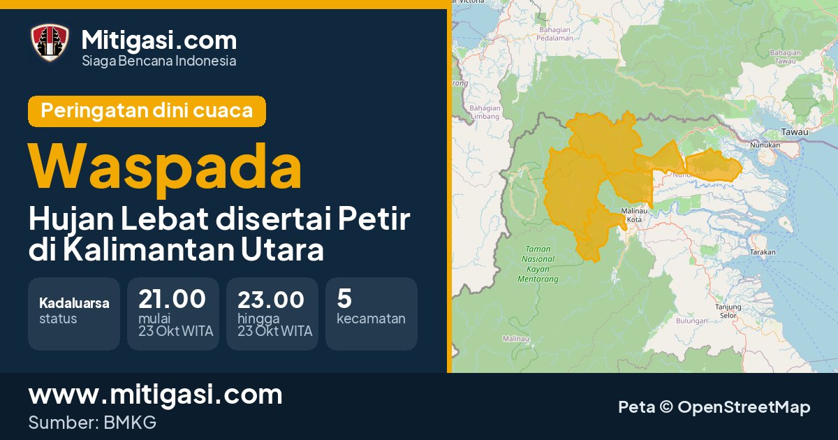 Peringatan dini cuaca BMKG tingkat Waspada di Kalimantan Utara. (Mitigasi.com/data BMKG)