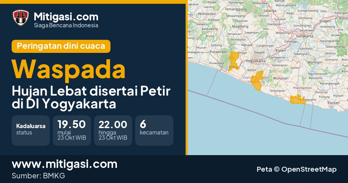 Peringatan dini cuaca BMKG tingkat Waspada di DI Yogyakarta. (Mitigasi.com/data BMKG)