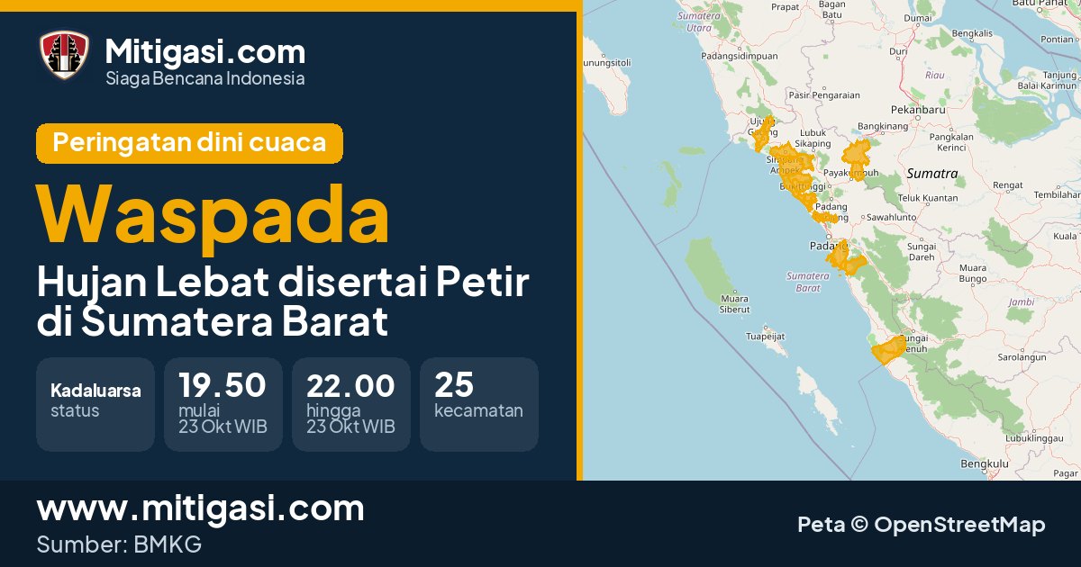Peringatan dini cuaca BMKG tingkat Waspada di Sumatera Barat. (Mitigasi.com/data BMKG)