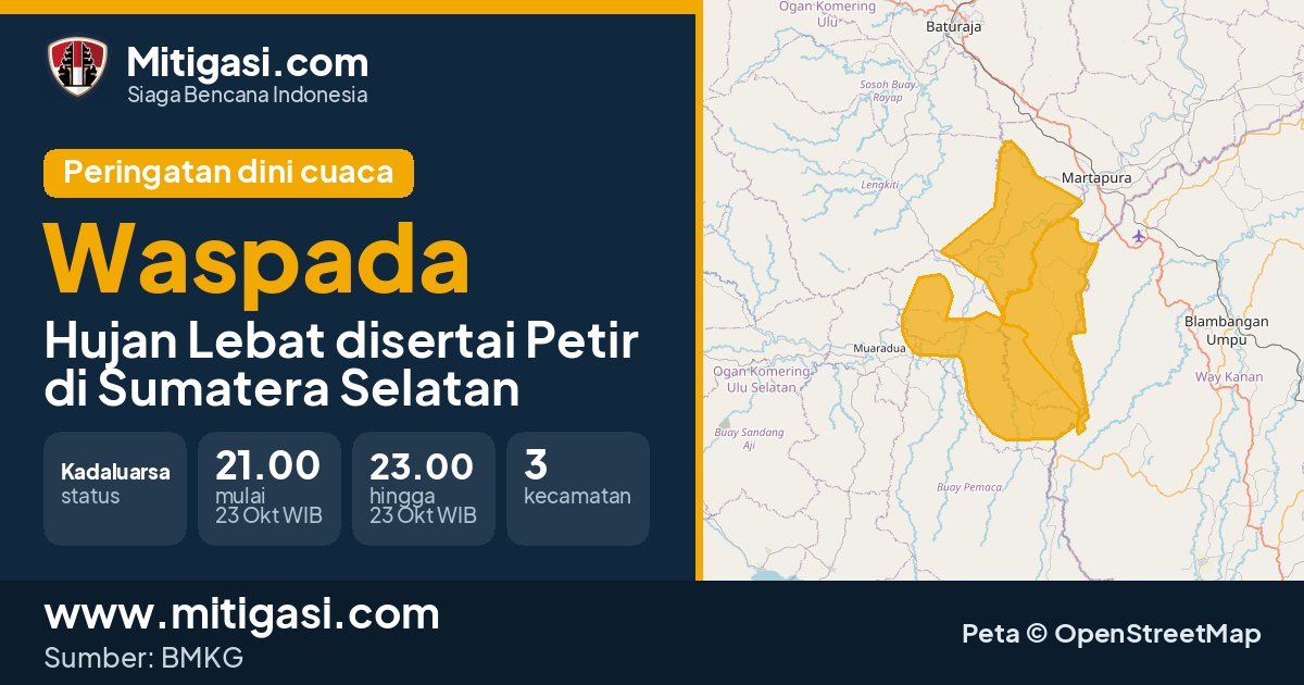 Peringatan dini cuaca BMKG tingkat Waspada di Sumatera Selatan. (Mitigasi.com/data BMKG)