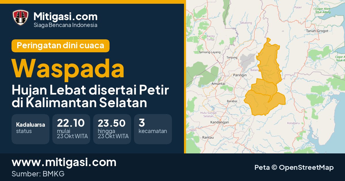 Peringatan dini cuaca BMKG tingkat Waspada di Kalimantan Selatan. (Mitigasi.com/data BMKG)