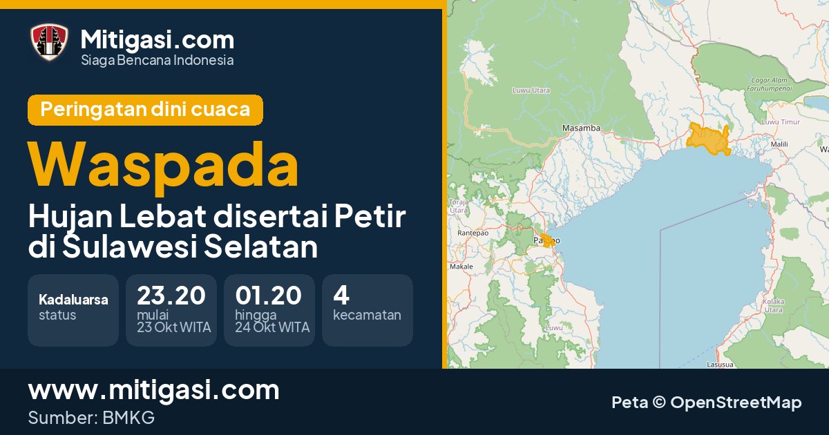 Peringatan dini cuaca BMKG tingkat Waspada di Sulawesi Selatan. (Mitigasi.com/data BMKG)