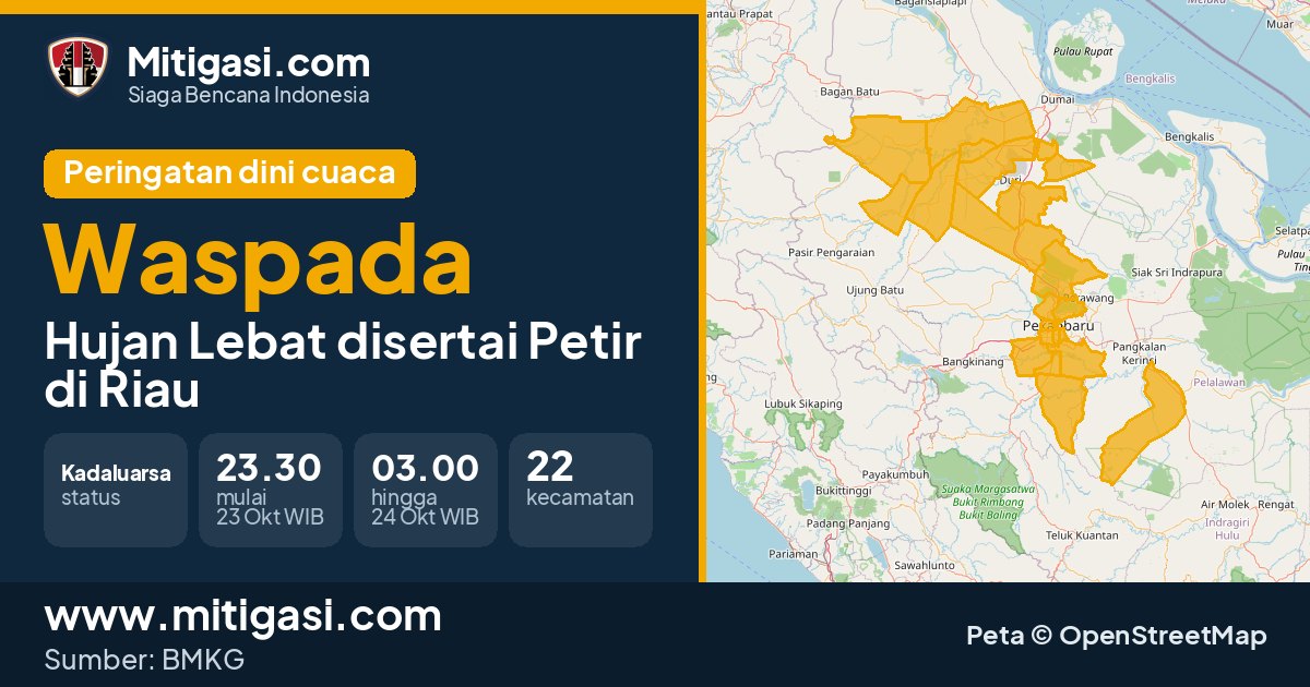 Peringatan dini cuaca BMKG tingkat Waspada di Riau. (Mitigasi.com/data BMKG)