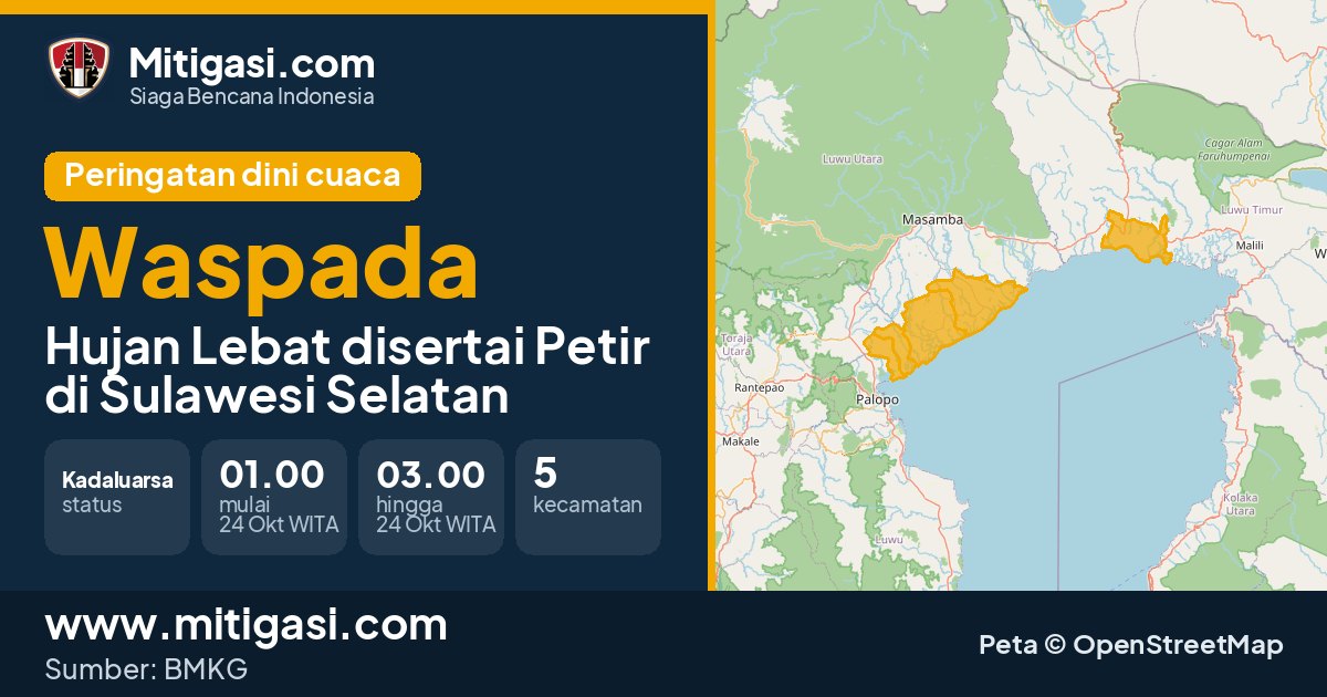 Peringatan dini cuaca BMKG tingkat Waspada di Sulawesi Selatan. (Mitigasi.com/data BMKG)