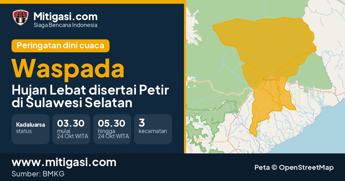 Peringatan dini cuaca BMKG tingkat Waspada di Sulawesi Selatan. (Mitigasi.com/data BMKG)