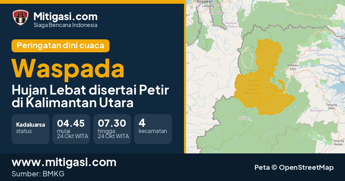 Peringatan dini cuaca BMKG tingkat Waspada di Kalimantan Utara. (Mitigasi.com/data BMKG)