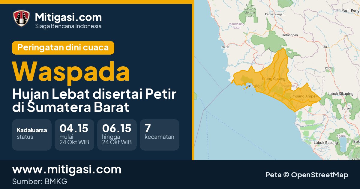 Peringatan dini cuaca BMKG tingkat Waspada di Sumatera Barat. (Mitigasi.com/data BMKG)