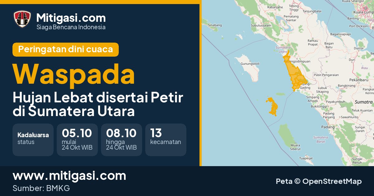 Peringatan dini cuaca BMKG tingkat Waspada di Sumatera Utara. (Mitigasi.com/data BMKG)