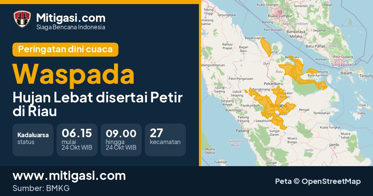 Peringatan dini cuaca BMKG tingkat Waspada di Riau. (Mitigasi.com/data BMKG)