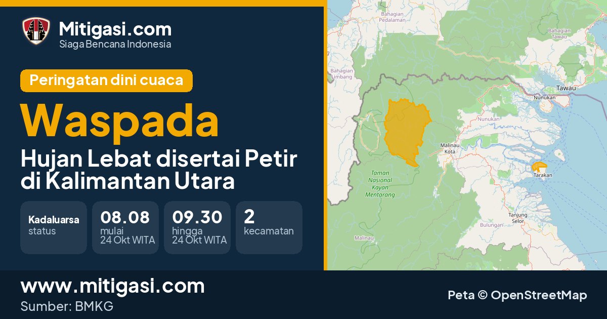 Peringatan dini cuaca BMKG tingkat Waspada di Kalimantan Utara. (Mitigasi.com/data BMKG)