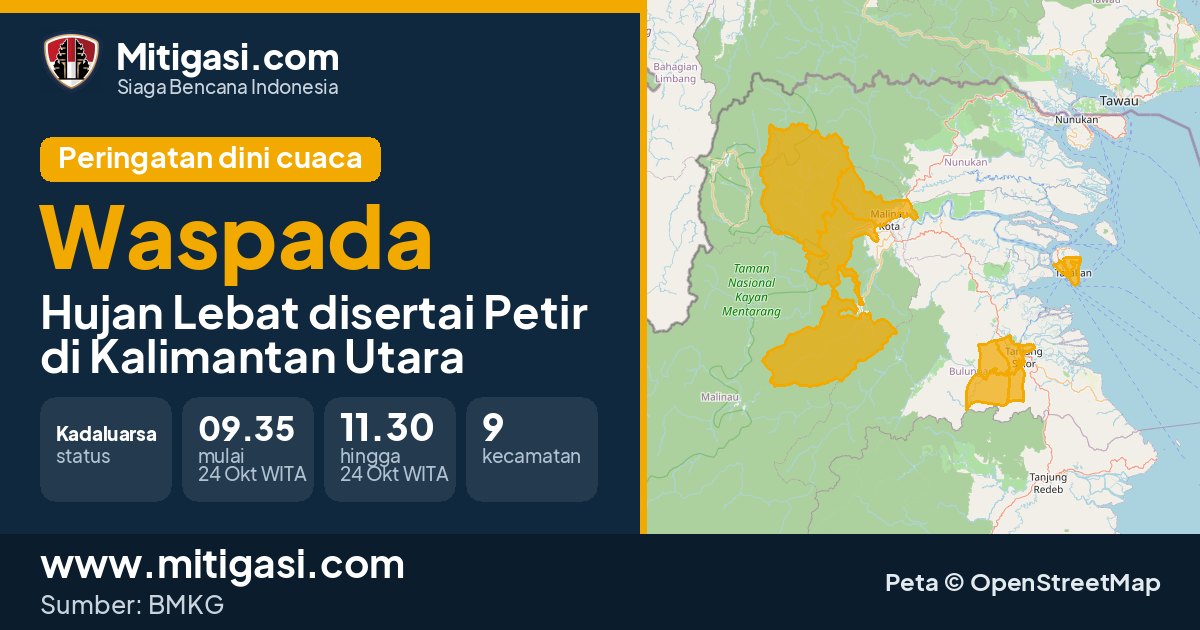 Peringatan dini cuaca BMKG tingkat Waspada di Kalimantan Utara. (Mitigasi.com/data BMKG)