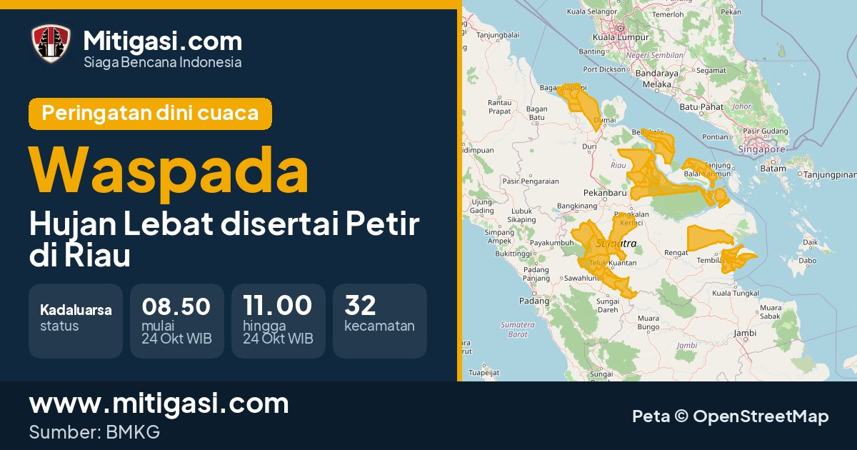 Peringatan dini cuaca BMKG tingkat Waspada di Riau. (Mitigasi.com/data BMKG)