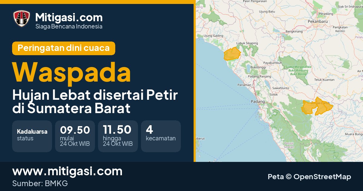 Peringatan dini cuaca BMKG tingkat Waspada di Sumatera Barat. (Mitigasi.com/data BMKG)