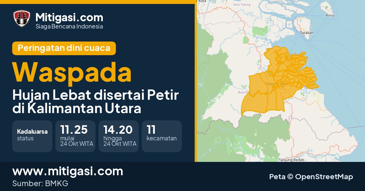 Peringatan dini cuaca BMKG tingkat Waspada di Kalimantan Utara. (Mitigasi.com/data BMKG)
