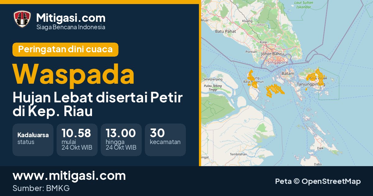 Peringatan dini cuaca BMKG tingkat Waspada di Kep. Riau. (Mitigasi.com/data BMKG)