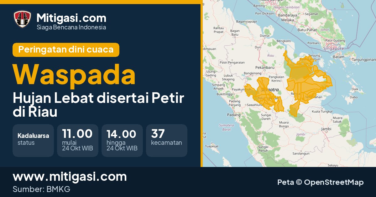 Peringatan dini cuaca BMKG tingkat Waspada di Riau. (Mitigasi.com/data BMKG)