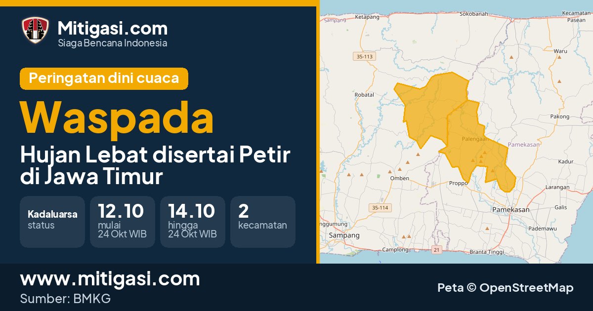 Peringatan dini cuaca BMKG tingkat Waspada di Jawa Timur. (Mitigasi.com/data BMKG)