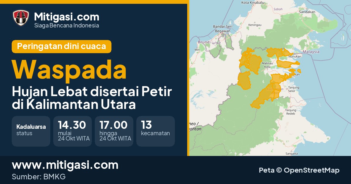 Peringatan dini cuaca BMKG tingkat Waspada di Kalimantan Utara. (Mitigasi.com/data BMKG)