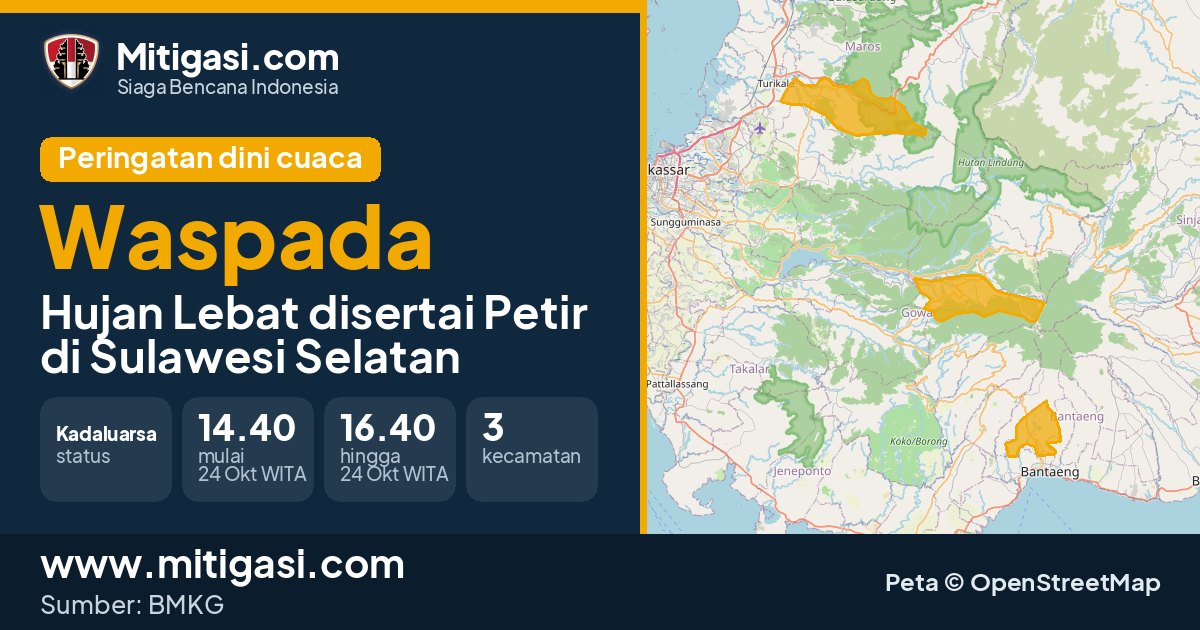 Peringatan dini cuaca BMKG tingkat Waspada di Sulawesi Selatan. (Mitigasi.com/data BMKG)