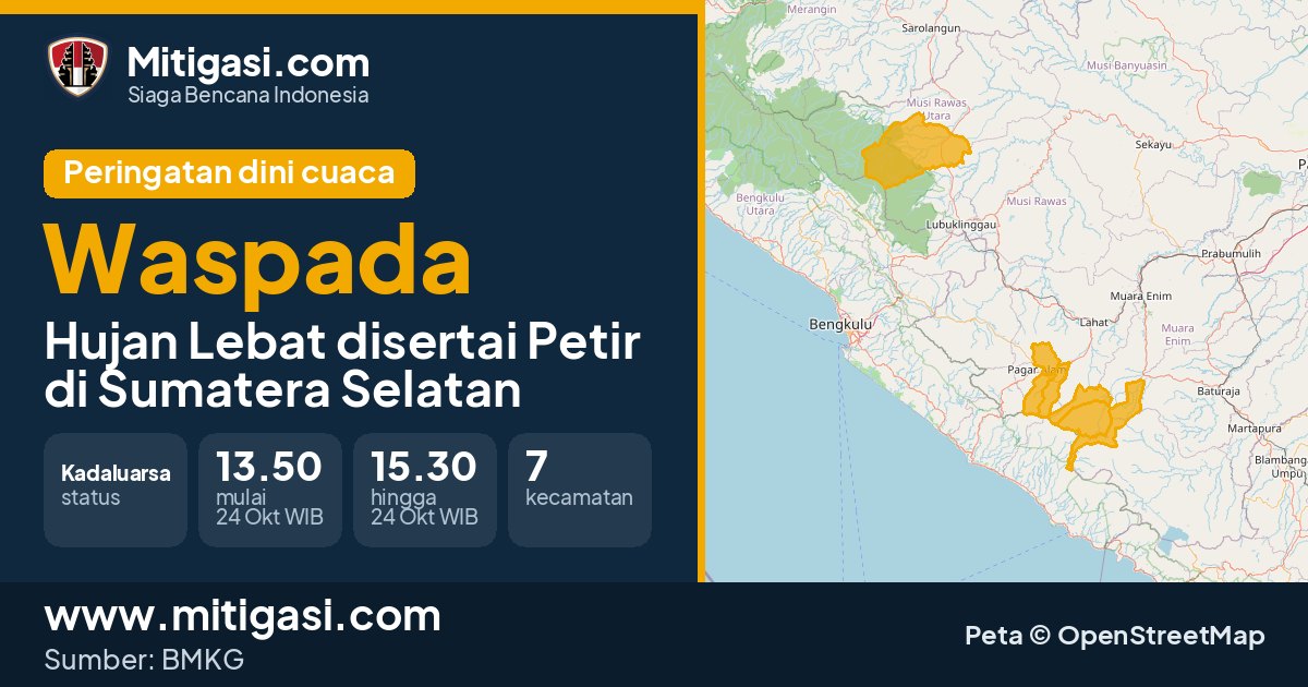 Peringatan dini cuaca BMKG tingkat Waspada di Sumatera Selatan. (Mitigasi.com/data BMKG)