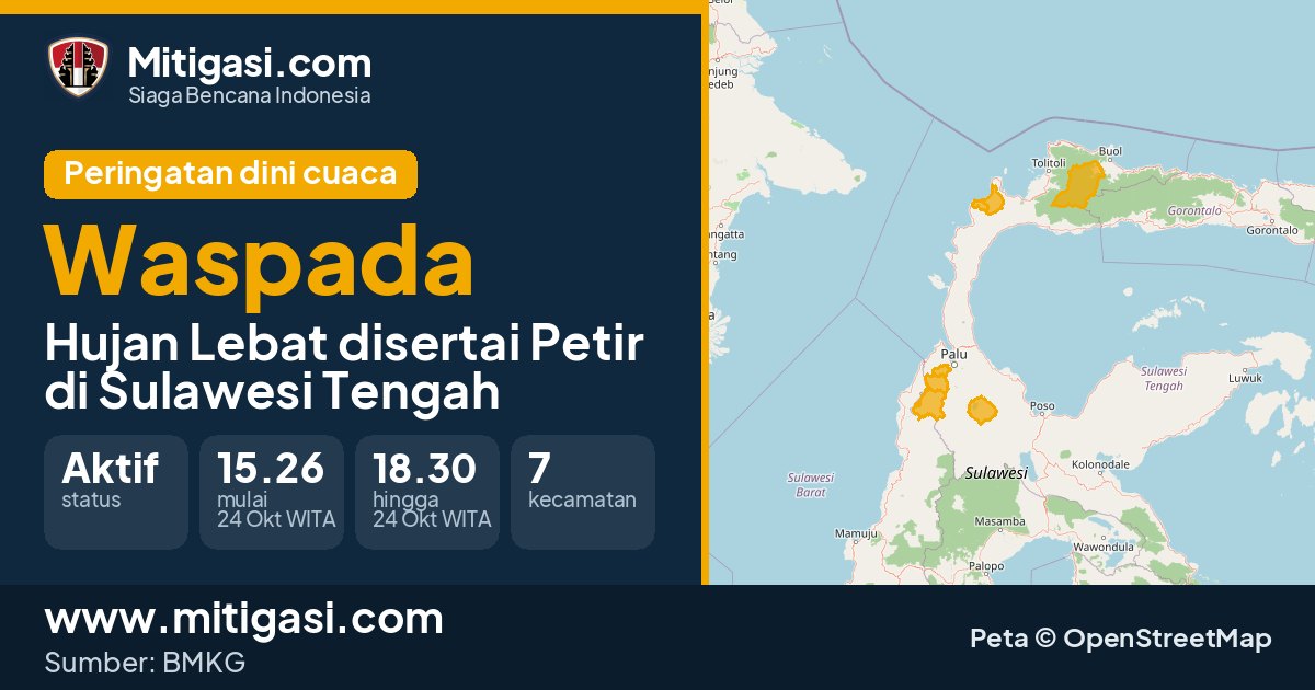 Peringatan dini cuaca BMKG tingkat Waspada di Sulawesi Tengah. (Mitigasi.com/data BMKG)