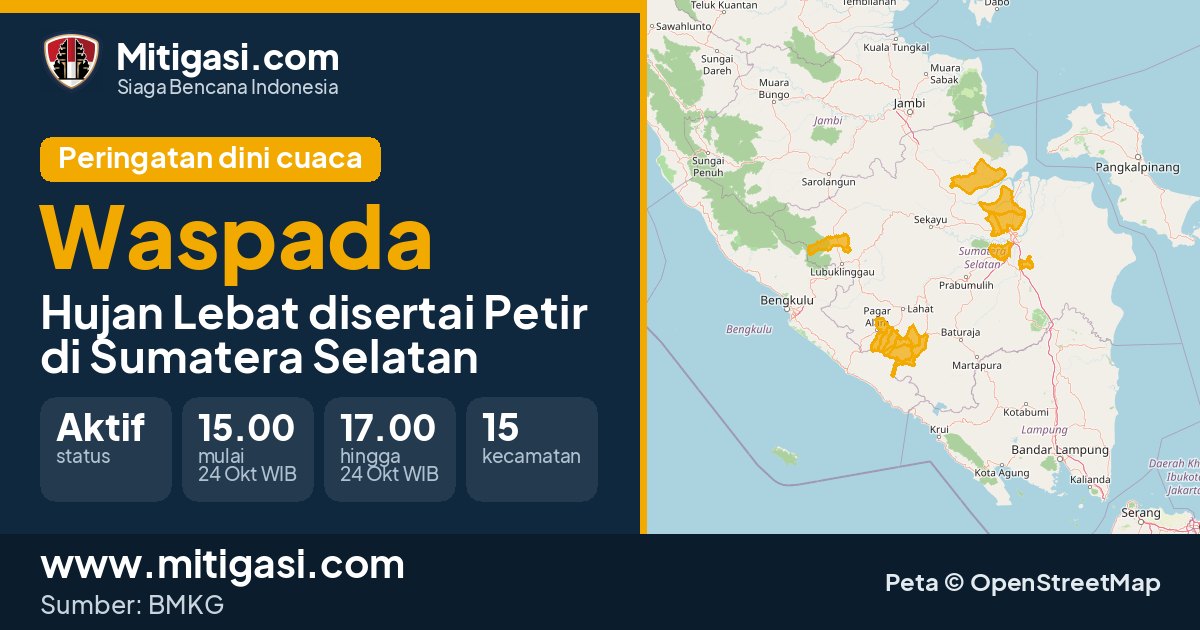 Peringatan dini cuaca BMKG tingkat Waspada di Sumatera Selatan. (Mitigasi.com/data BMKG)