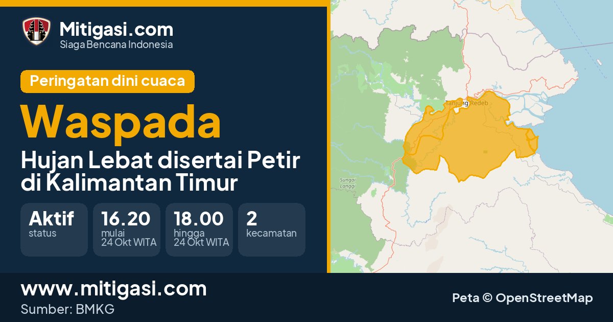 Peringatan dini cuaca BMKG tingkat Waspada di Kalimantan Timur. (Mitigasi.com/data BMKG)