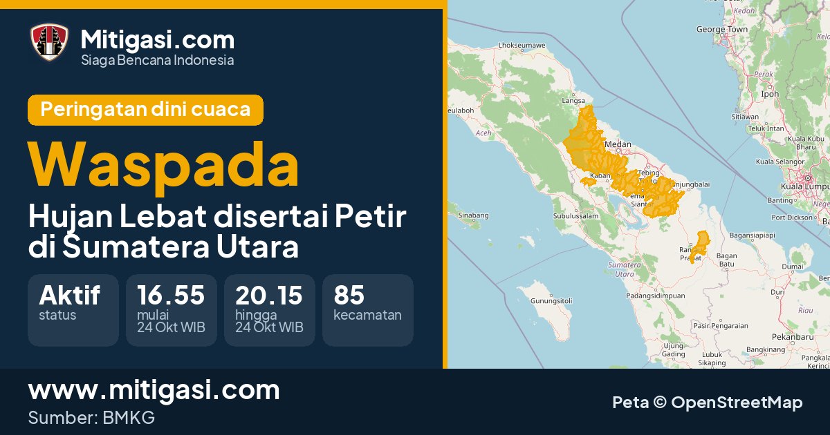 Peringatan dini cuaca BMKG tingkat Waspada di Sumatera Utara. (Mitigasi.com/data BMKG)