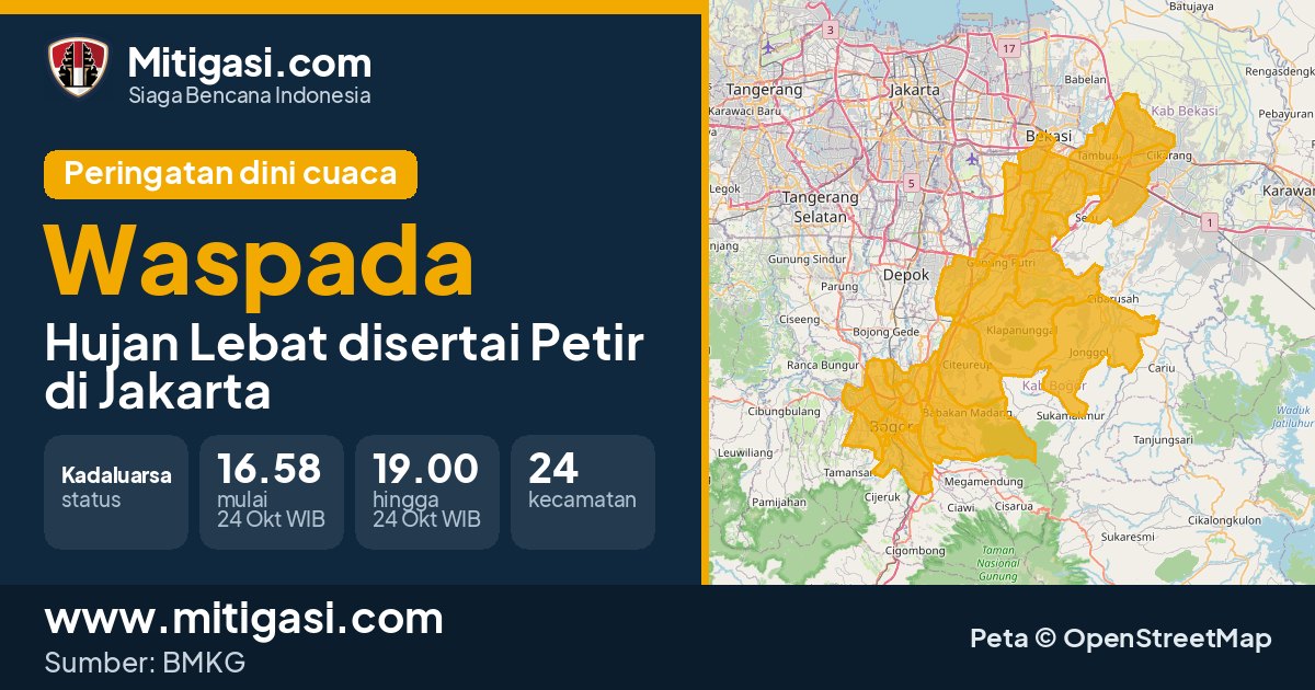 Peringatan dini cuaca BMKG tingkat Waspada di DKI Jakarta. (Mitigasi.com/data BMKG)