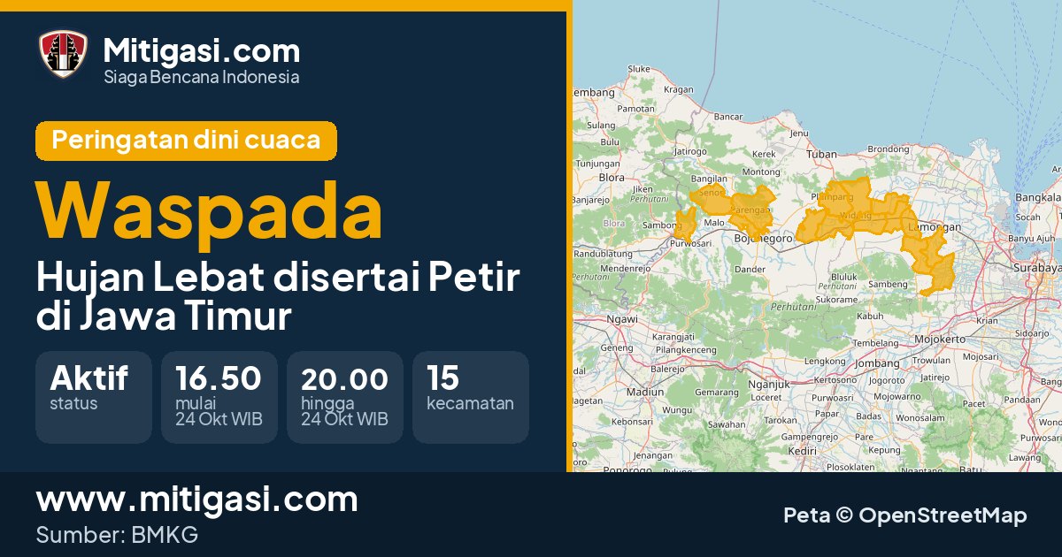 Peringatan dini cuaca BMKG tingkat Waspada di Jawa Timur. (Mitigasi.com/data BMKG)