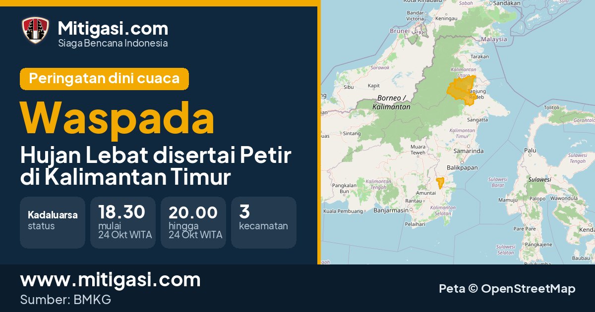Peringatan dini cuaca BMKG tingkat Waspada di Kalimantan Timur. (Mitigasi.com/data BMKG)
