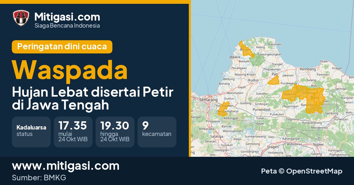 Peringatan dini cuaca BMKG tingkat Waspada di Jawa Tengah. (Mitigasi.com/data BMKG)