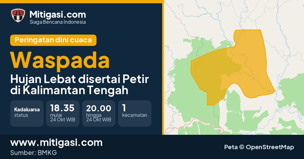 Peringatan dini cuaca BMKG tingkat Waspada di Kalimantan Tengah. (Mitigasi.com/data BMKG)